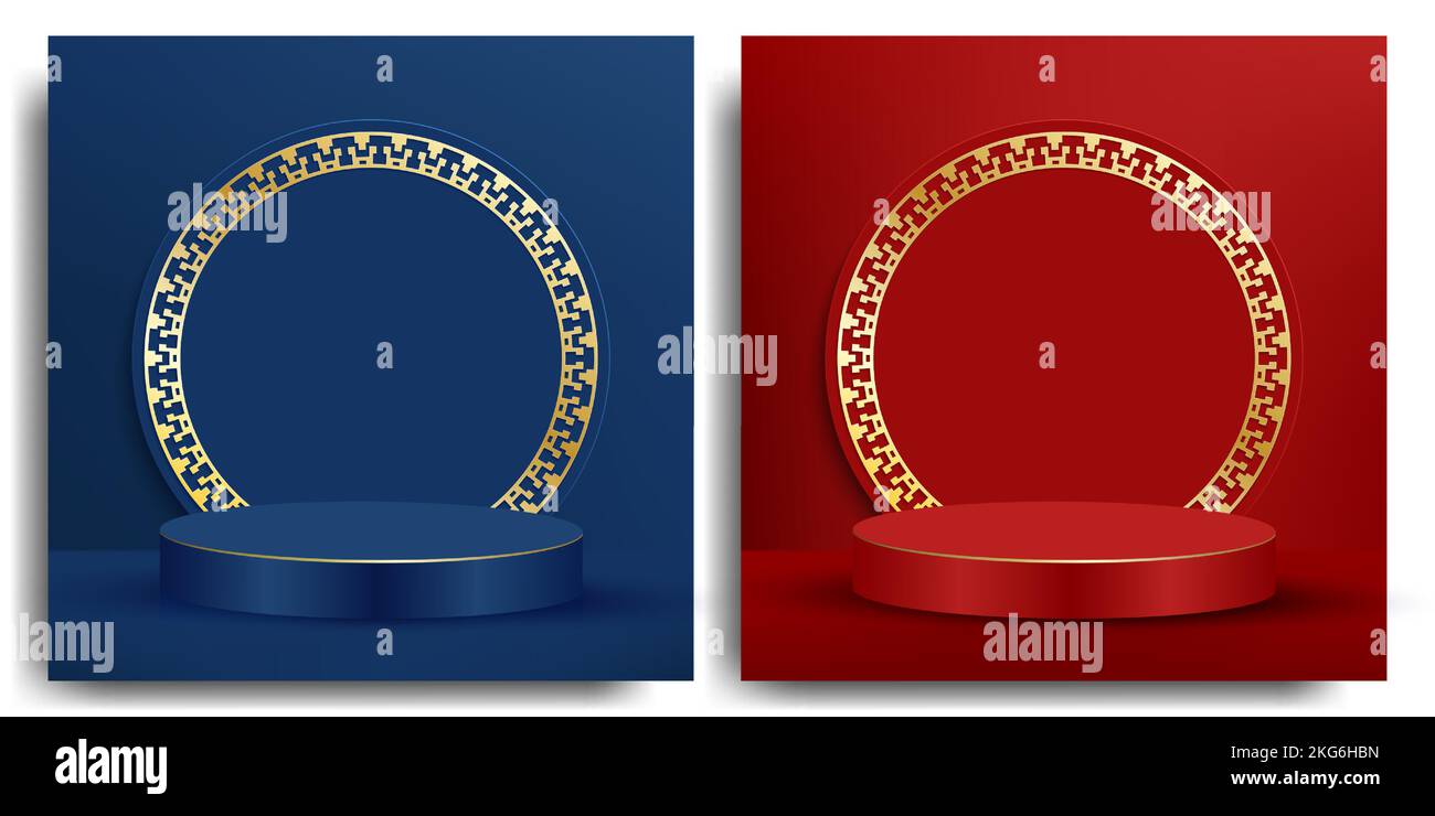 Rotes und blaues, rundes Podium für die Online-Verkaufsförderung zum chinesischen Neujahr im Papierschnitt-Stil Stock Vektor