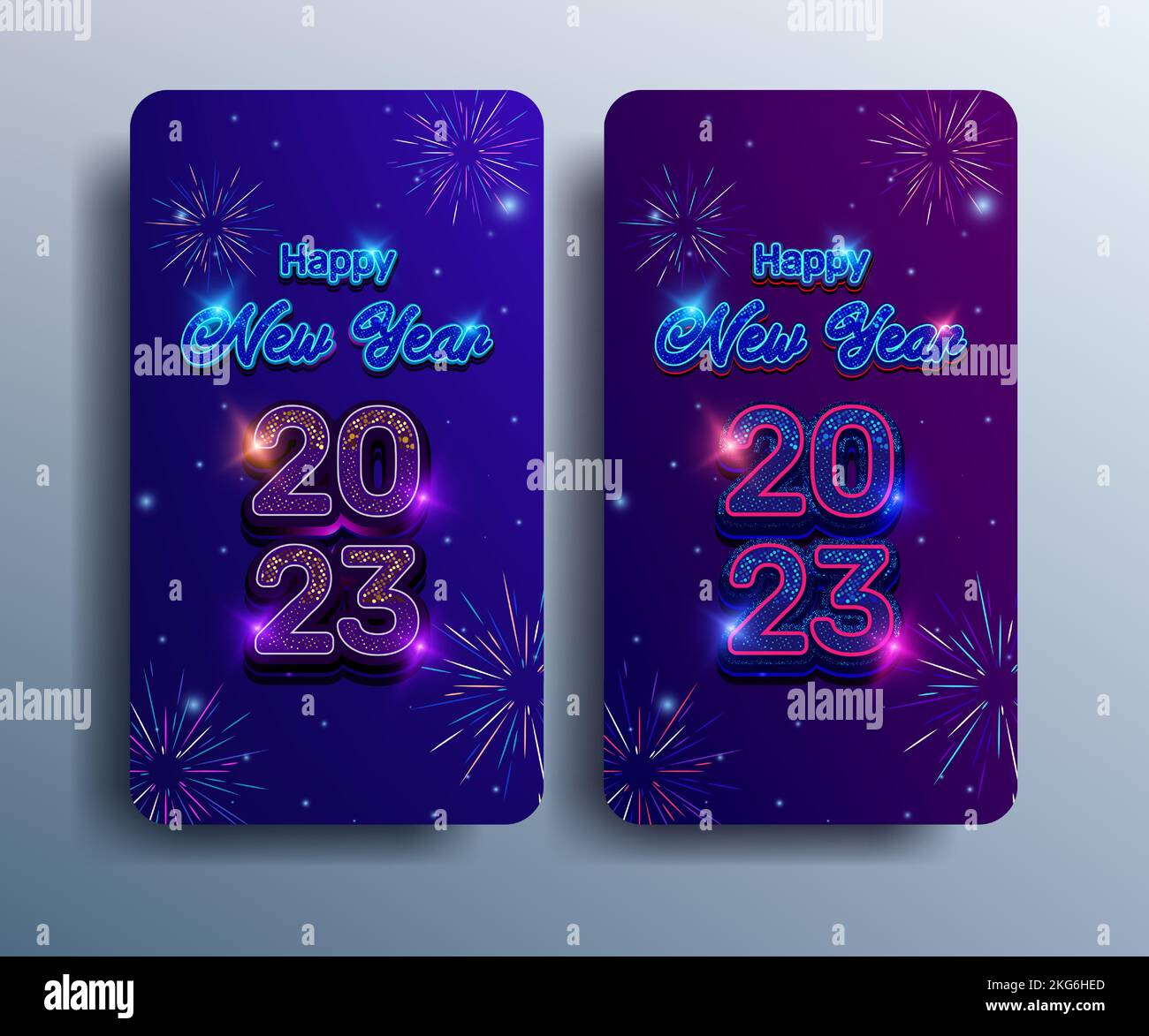 Frohes neues Jahr 2023 Poster und Banner für Social-Media-Geschichten mit Neon-Text-Effekt mit bunten Halbtönen funkelt, Feuerwerk, Sterne Stock Vektor