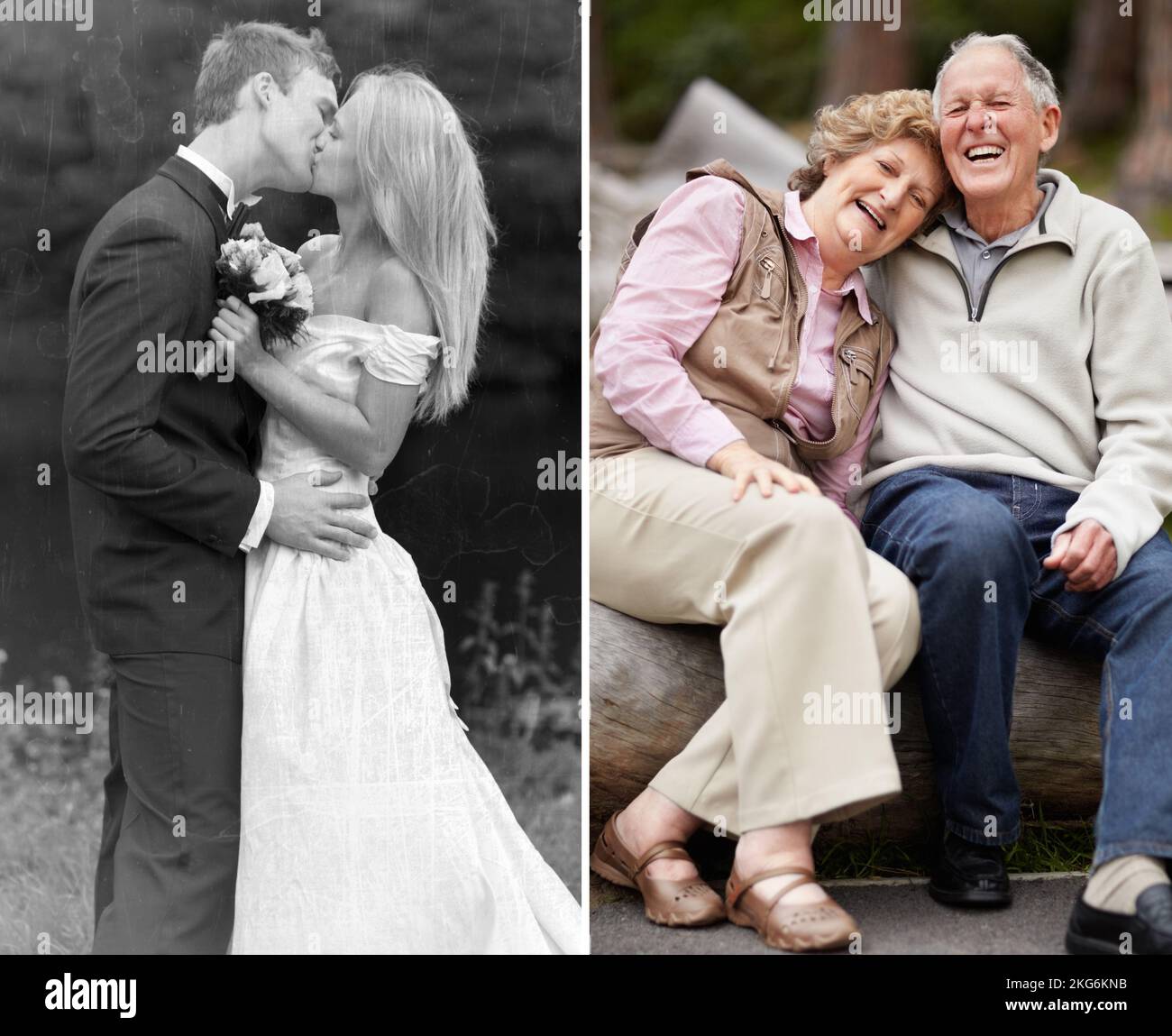 Und sie lebten glücklich, immer danach. Ein Porträt eines Brautpaares, das sich neben einem modernen Selbstbild küsst. Stockfoto