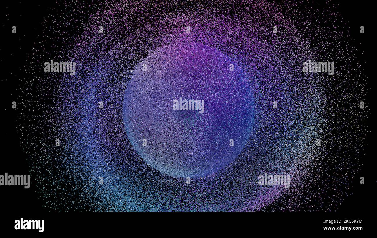 3D-Darstellung von Sandpartikeln, die eine zerbrochene oder zerfallene Kugel oder Kugel bilden Stockfoto