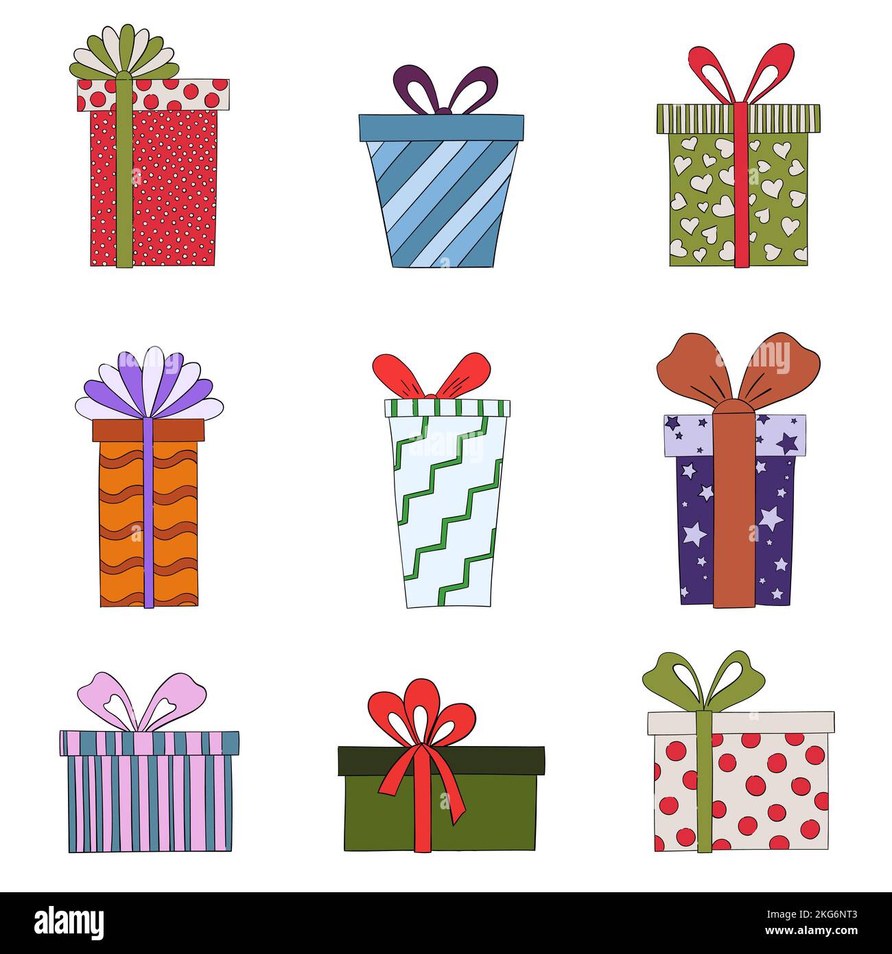 Ein Set von Geschenkboxen mit Schleifen in verschiedenen Formen und Mustern. vektordarstellung eines Doodles. Stock Vektor