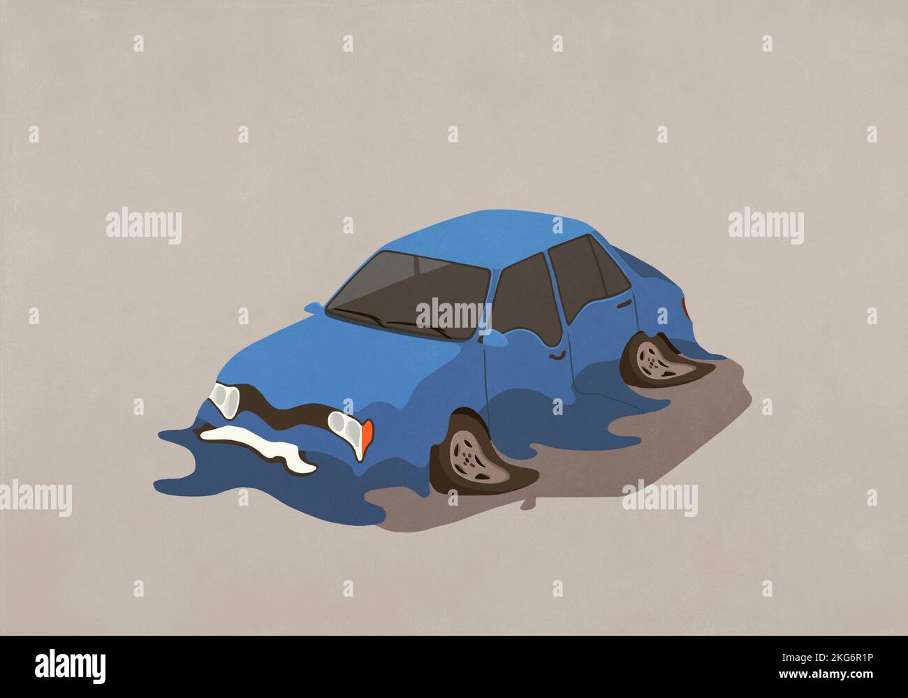 Blaues Auto schmilzt auf grauem Hintergrund Stockfoto