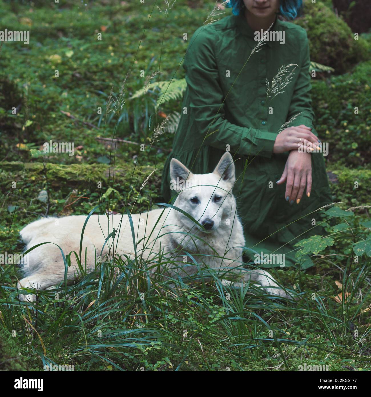 Eine Frau mit einem weißen Hund Stockfoto