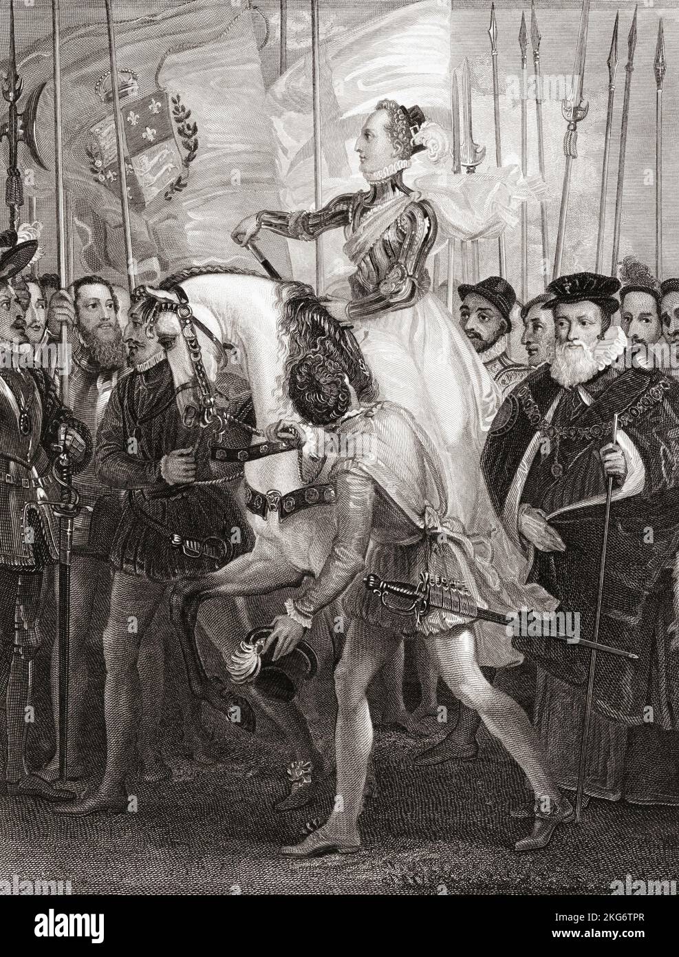 Elizabeth Ich inspiziere ihre Truppen im Tilbury Port, 1588, bevor ich sie übergebe: "Ich weiß, dass ich den Körper habe, aber eine schwache, schwache Frau; aber ich habe das Herz und den Bauch eines Königs", Rede. Ihre Armee wurde versammelt, um eine erwartete spanische Invasion abzuwehren. Elizabeth I., aka The Virgin Queen, Gloriana or Good Queen Bess, 1533 – 1603. Königin von England und Irland. Aus einem Druck von James Parker nach dem Gemälde von Thomas Stothard. Stockfoto
