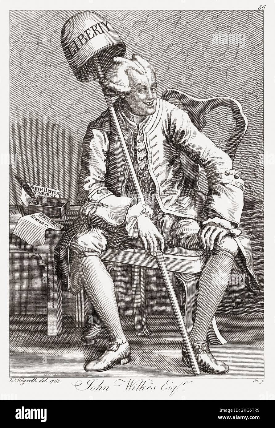 John Wilkes, 1725 – 1797. Englische Radikale, Journalistin und Politikerin. Nach einem satirischen Stich von William Hogarth. Stockfoto