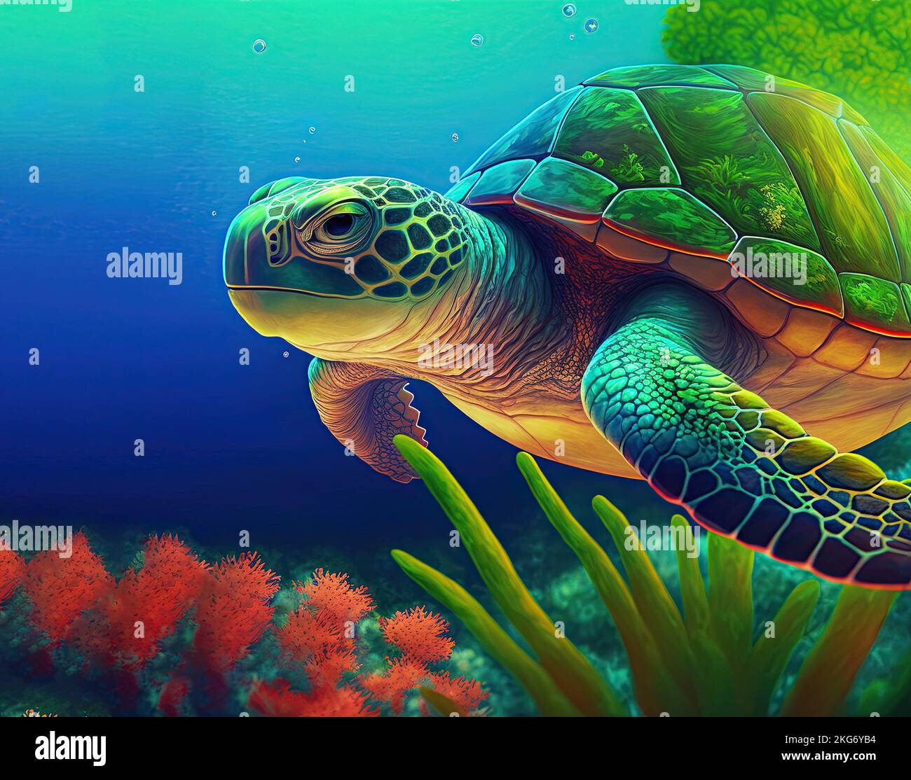 Grüne Meeresschildkröte, die im blauen Wasser eines tropischen Meeres mit Wasserpflanzen und Korallenriff schwimmt. Meeresschildkröte der Familie Cheloniidae Stockfoto