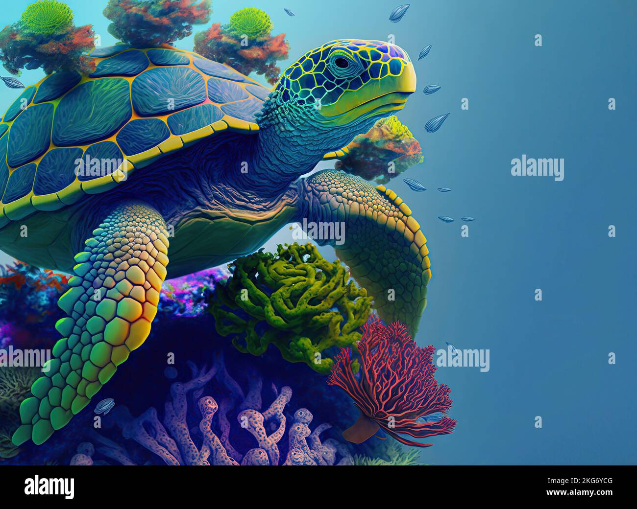 Eine grüne Meeresschildkröte schwimmt zwischen tropischen Meerwasserpflanzen und Korallen im blauen Wasser. Cheloniidae Meeresschildkröten leben in allen Ozeanen der Welt Stockfoto