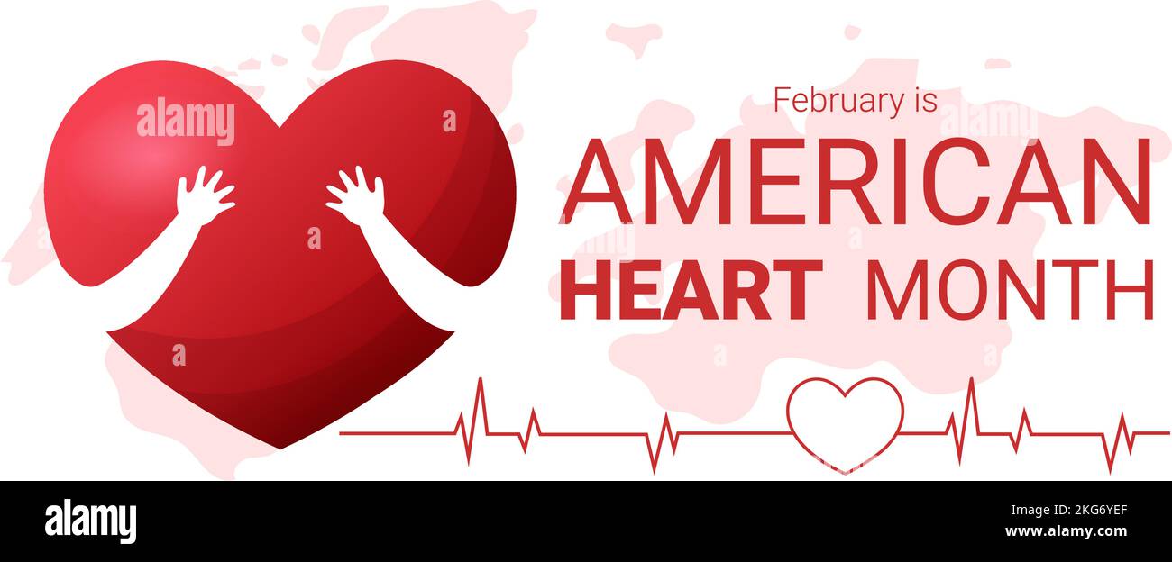 Februar ist der amerikanische Herzmonat mit einem Impuls für Gesundheit und Überwindung von Herz-Kreislauf-Erkrankungen in flacher, handgezeichneter Vorlagenillustration Stock Vektor