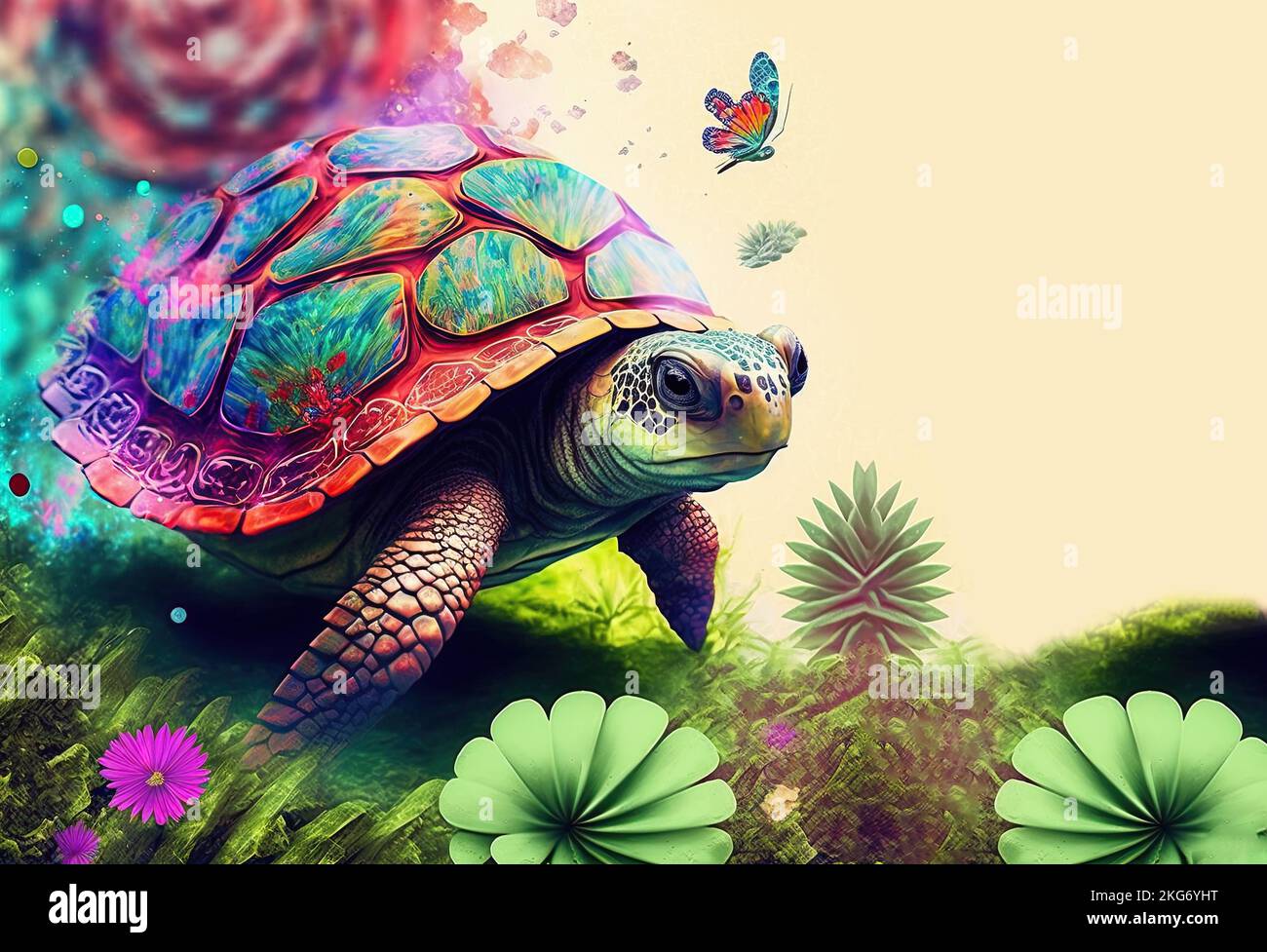 Eine grüne Meeresschildkröte, die im Freien zwischen tropischen Pflanzen in psychedelischen Farben spaziert. Meeresschildkröten leben in allen Ozeanen der Welt. Weißer Hintergrund mit Stockfoto