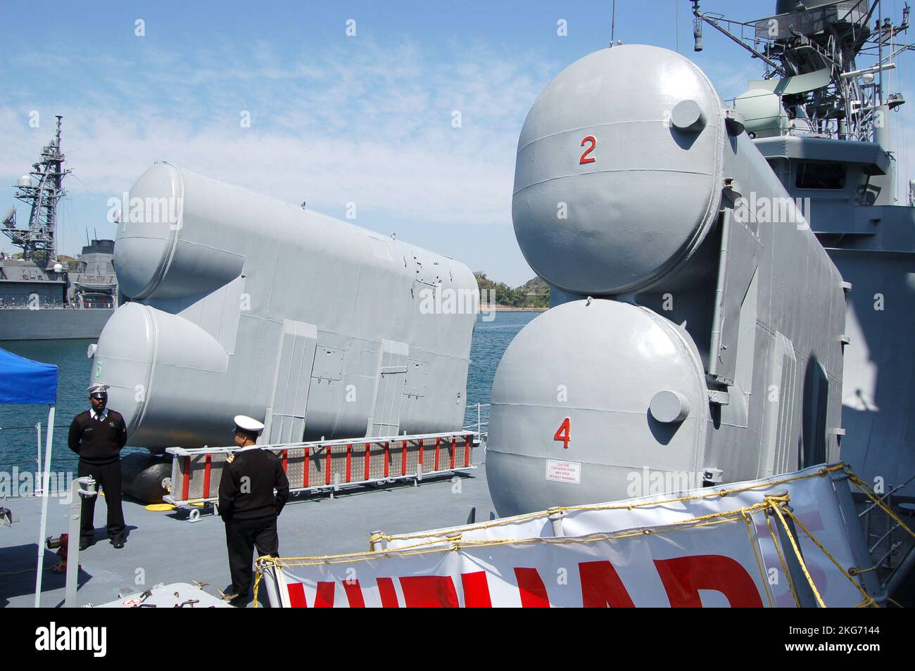 Präfektur Kanagawa, Japan - 14. April 2007: Indian Navy 4K40 Termit Schiff-zu-Schiff Raketenwerfer auf INS Kuthar (P46). Stockfoto