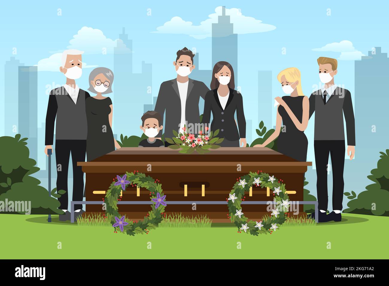 Eine Gruppe asiatischer Menschen, die an der Beerdigung eines geliebten Menschen teilnahmen Stock Vektor
