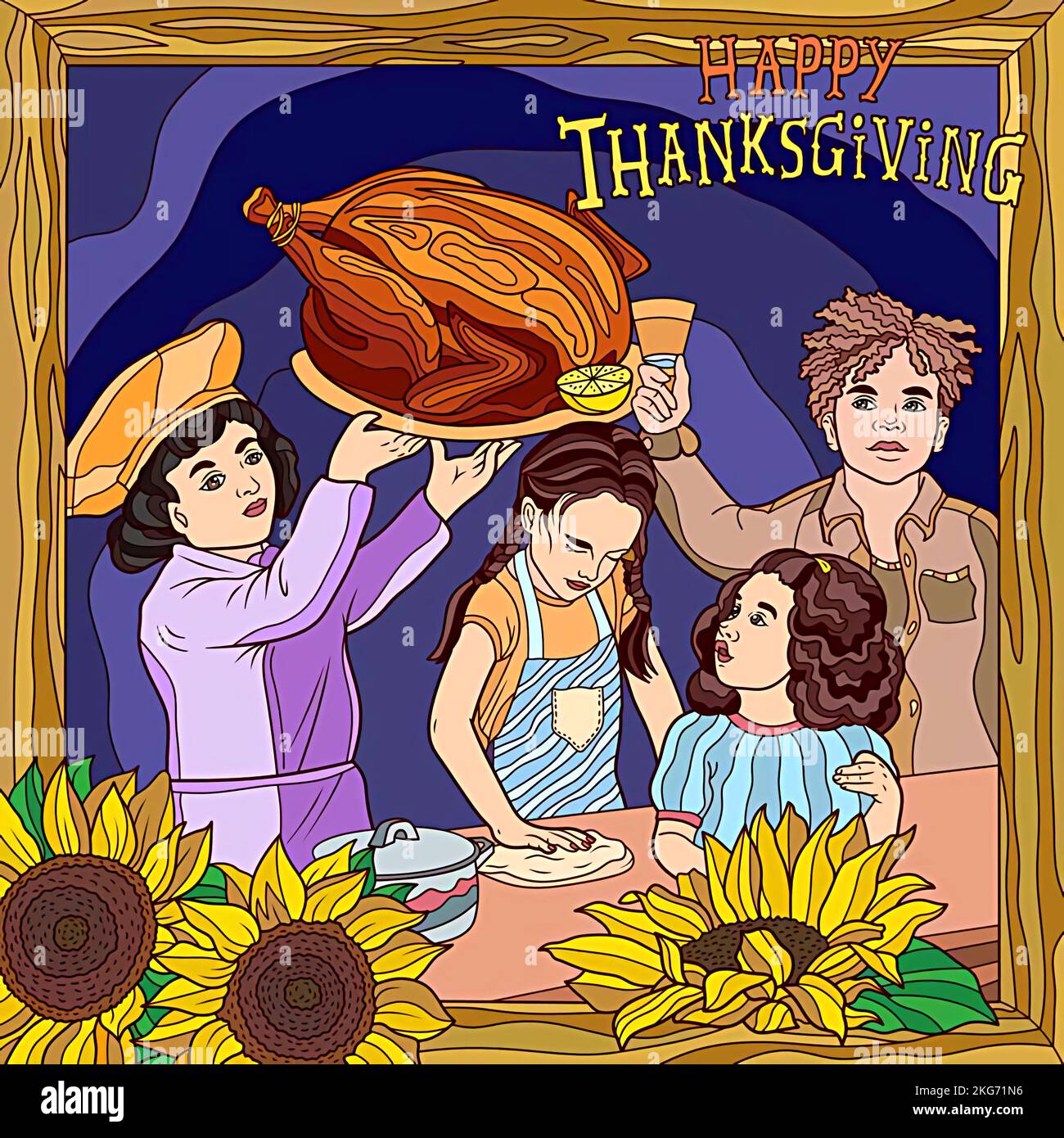 Happy Thanks giving, Foto-Illustration einer Familie essen gebratenes Huhn mit Holzrahmen und Sonnenblumen Stockfoto