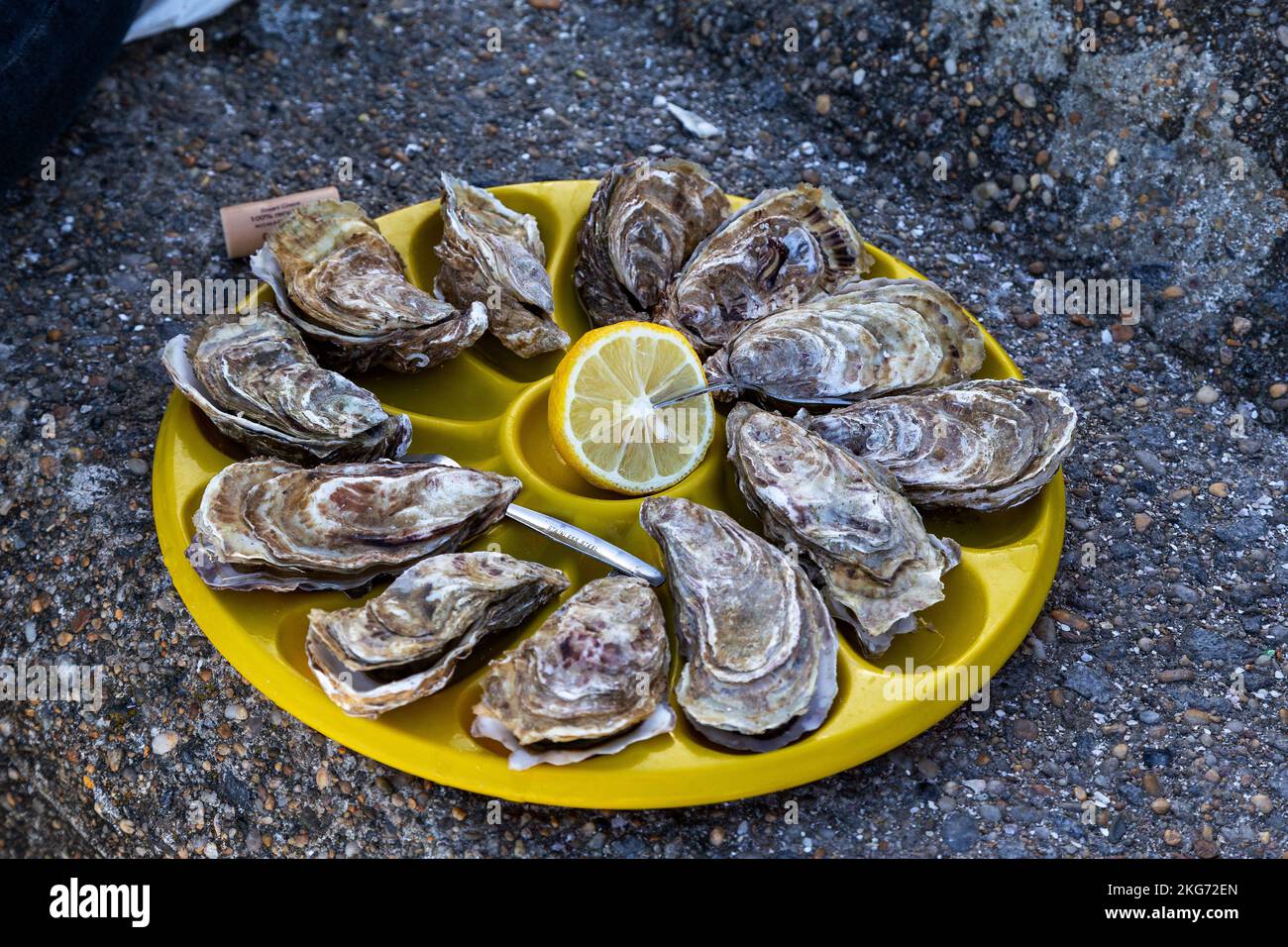 CANCALE, FRANKREICH - 2. SEPTEMBER 2019: Dies ist ein traditionelles Gericht mit einem Dutzend frischer Austern auf den Stufen der Promenade. Stockfoto