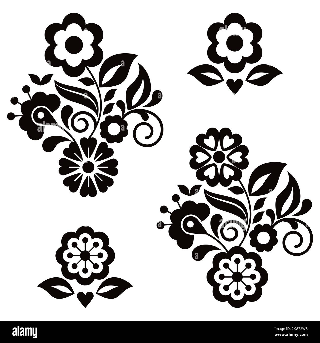 Mexikanische Volkskunst Stil Vektor-Muster mit Blumen Blätter und Herz, schwarz-weiße Grußkarte auf Einladung Design-Elemente von Tradi inspiriert gesetzt Stock Vektor