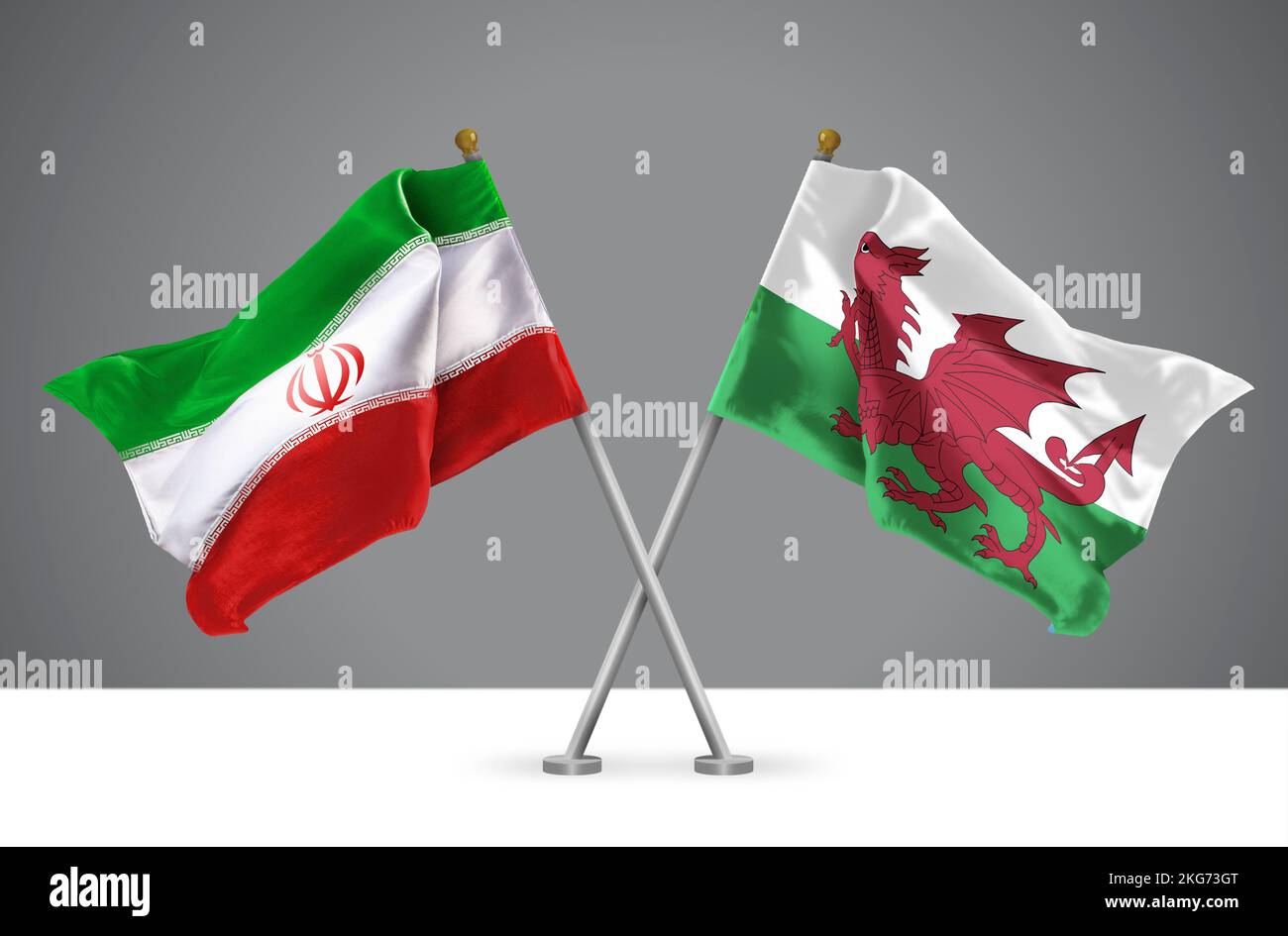 3D Darstellung von zwei Wavy Crossed Flags of Wales and Iran, Zeichen für walisische und iranische Beziehungen Stockfoto