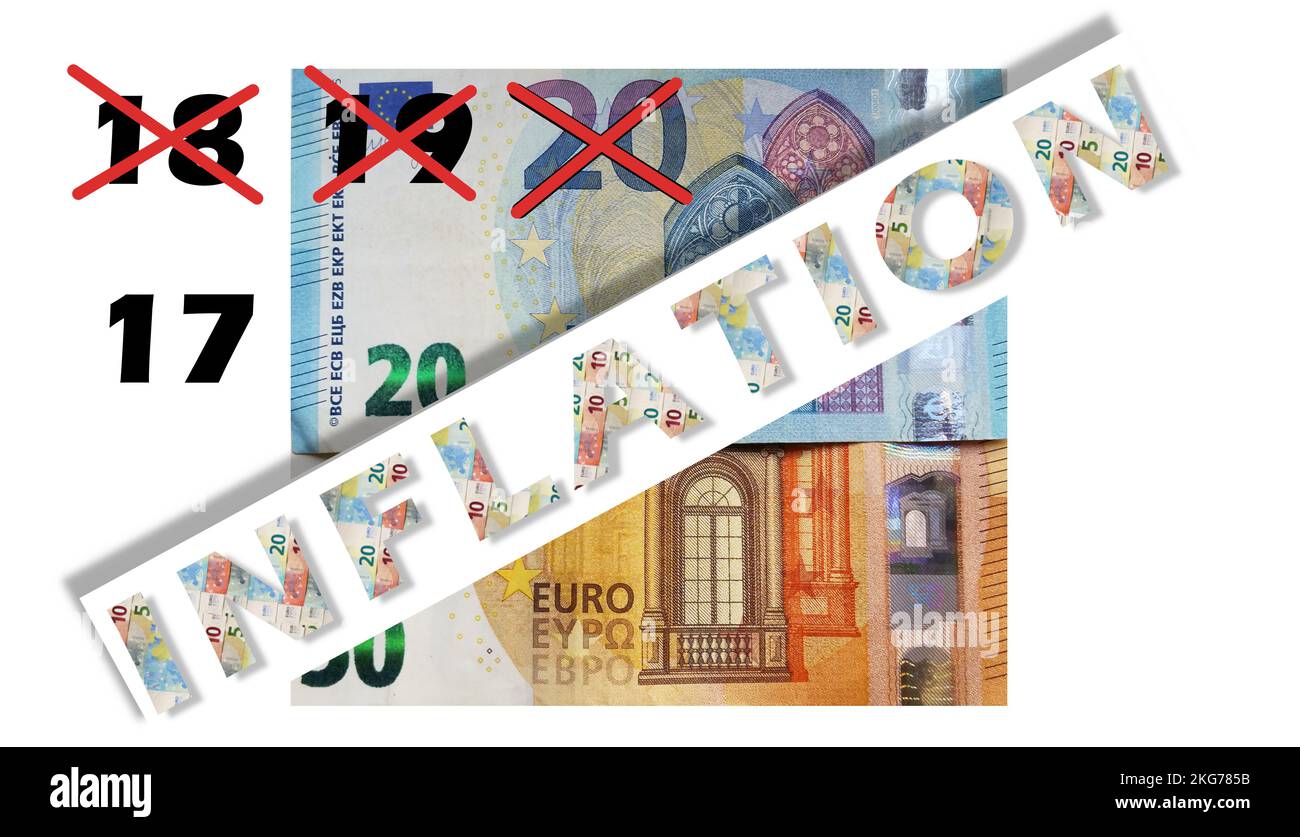 Erklärung für steigende Inflation, Euro-Banknote, Abwertung des Geldes Stockfoto