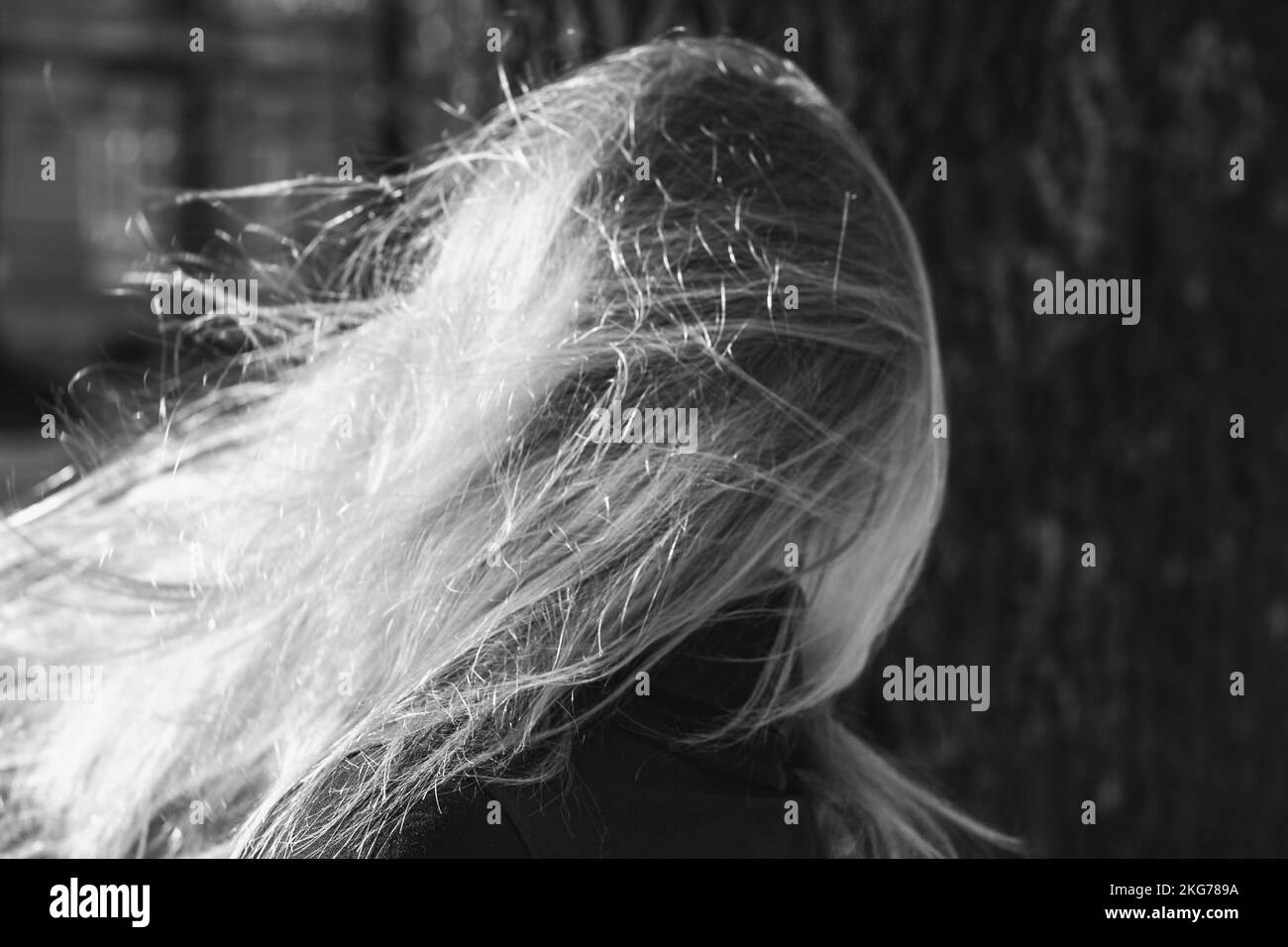 Nahaufnahme fliegendes blondes Haar monochromes Konzeptfoto Stockfoto