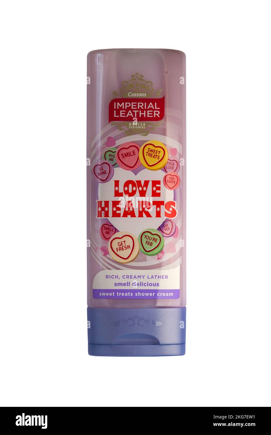 Flasche Cussons Imperial Leather Love Hearts süße Leckereien Duschcreme reichhaltiger cremiger Schaum riecht köstlich isoliert auf weißem Hintergrund Stockfoto