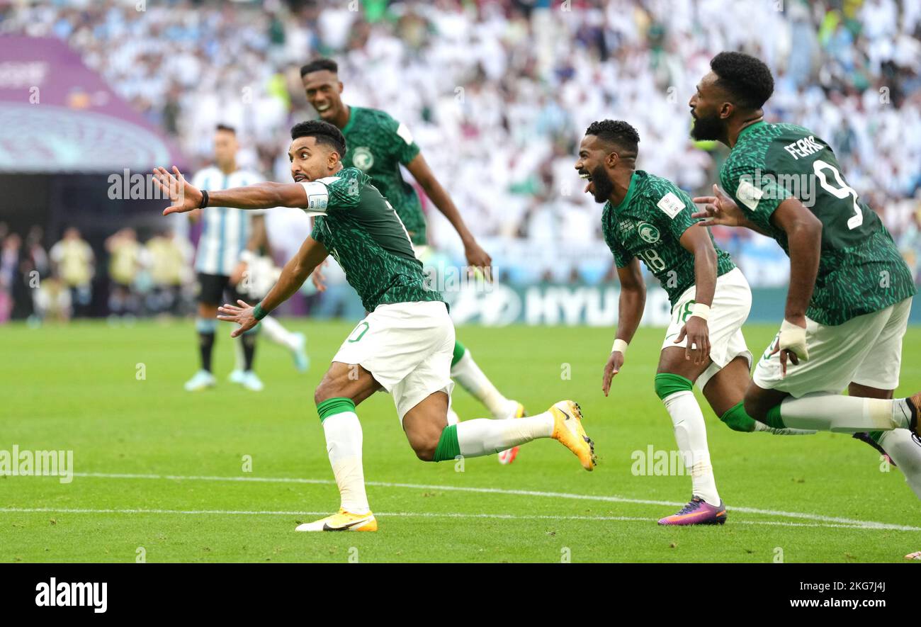 Der Saudi-arabische Salem Al-Dawsari feiert das zweite Tor seiner Mannschaft während des Spiels der FIFA-Weltmeisterschaft der Gruppe C im Lusail Stadium, Lusail, Katar. Bilddatum: Dienstag, 22. November 2022. Stockfoto