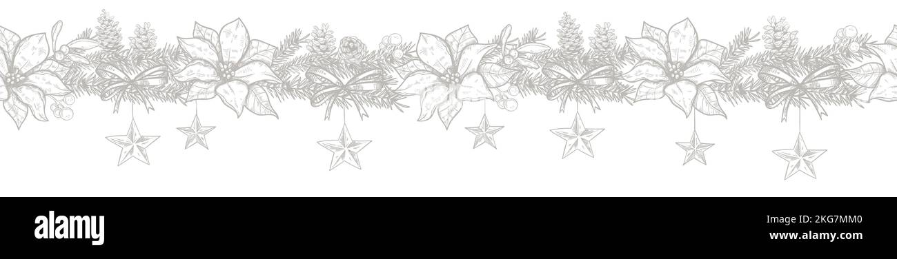 Schöne handgezeichnete horizontale nahtlose Muster, Wintergrün, weihnachtszweige, Zapfen und Poinsettia - Vektor-Oberflächendesign Stock Vektor