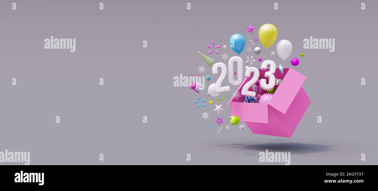 Frohes neues Jahr 2023 erscheint auf grauem Hintergrund mit Kopierbereich 3D Bild rendern 3D Stockfoto