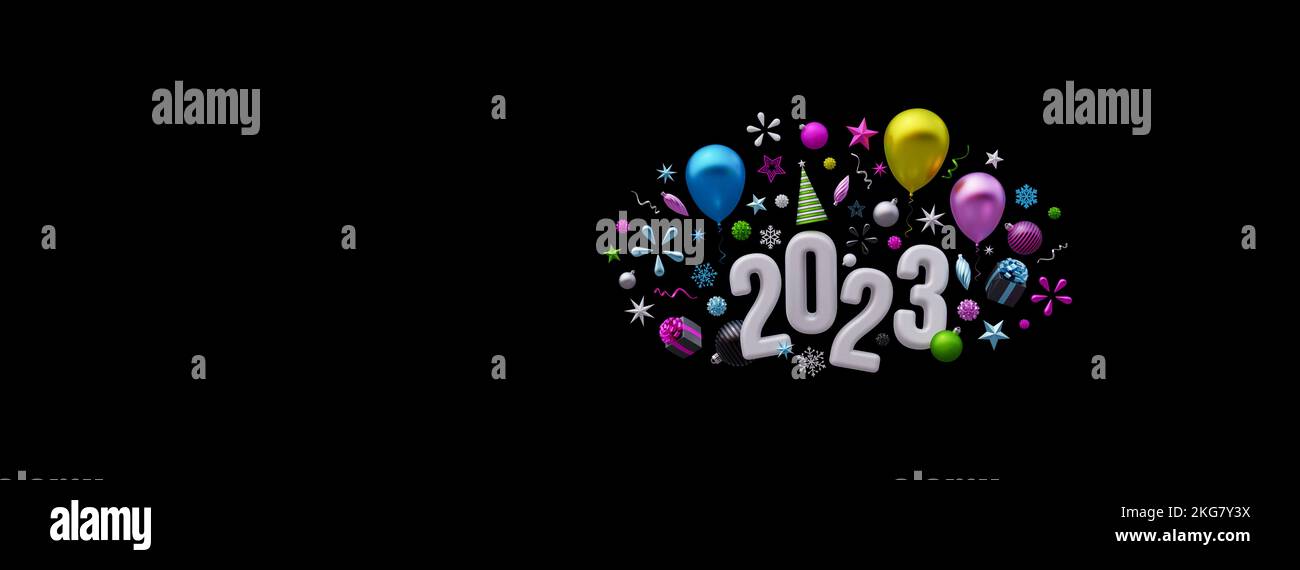 Frohes neues Jahr 2023 Grußkarte auf schwarzem Hintergrund mit Kopierbereich 3D Bild 3D rendern Stockfoto