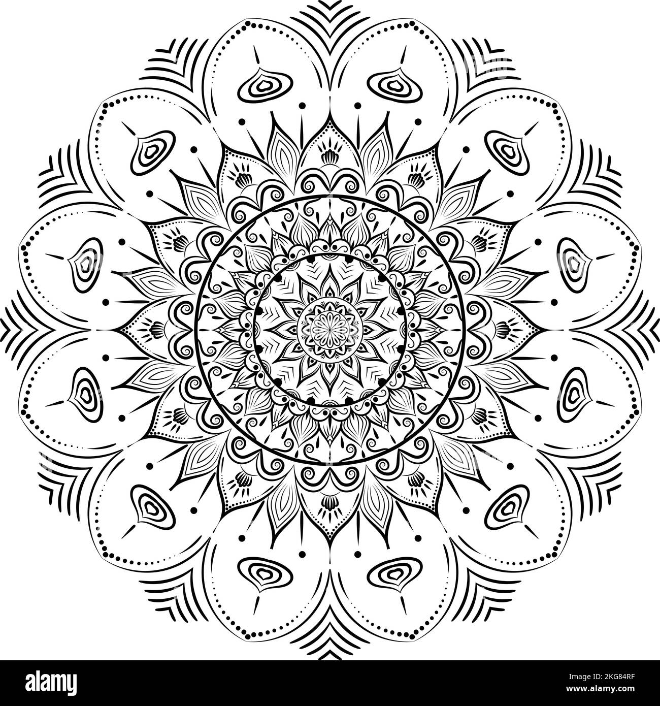 Schöne Blumenmuster Mandala Kunst isoliert auf einem weißen Hintergrund, Dekorationselemente für Meditation Poster oder Banner, Festival Mandala Kunst Stockfoto