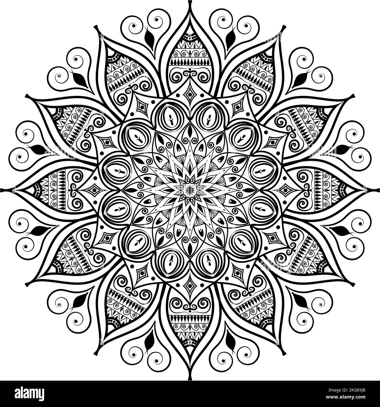 Klassische Mandalakunst aus nächster Nähe, geblümte Mandalakunst zum Ausmalen von Buchseiten oder Meditation Poster Henna Tattoo Kunst, Textil Design, Einladungskarte Stockfoto