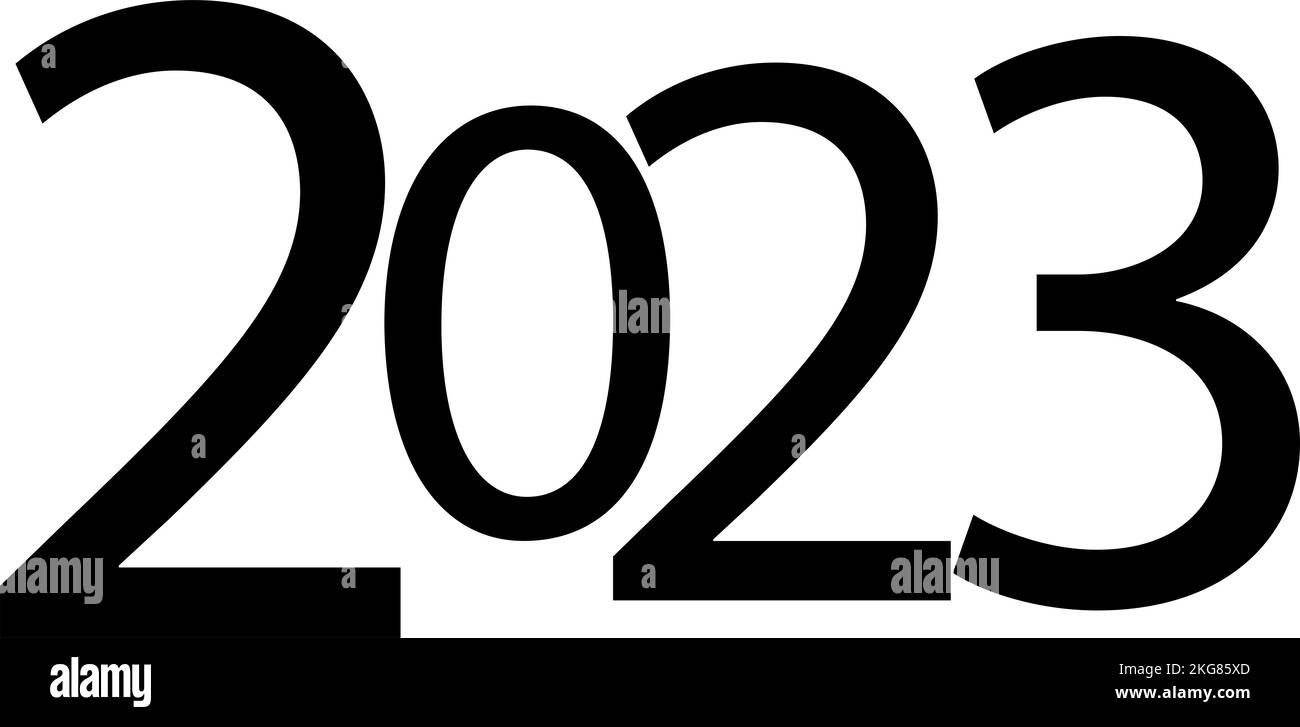 Frohes neues 2023-Poster oder -Karte, 2023-Vorderseite zur Begrüßung 2023 Jahr in Schwarz, isoliert auf weißem Hintergrund Stockfoto