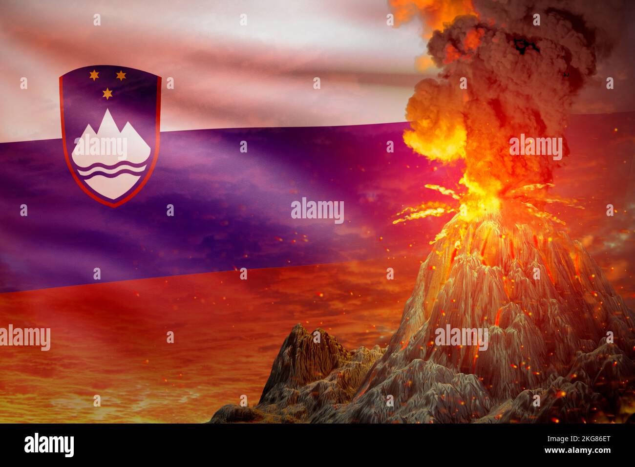 Große Vulkanausbrüche bei Nacht mit Explosion auf slowenischem Flaggenhintergrund, leiden unter Ausbruch und vulkanischem Erdbeben Konzept 3D Illustratio Stockfoto