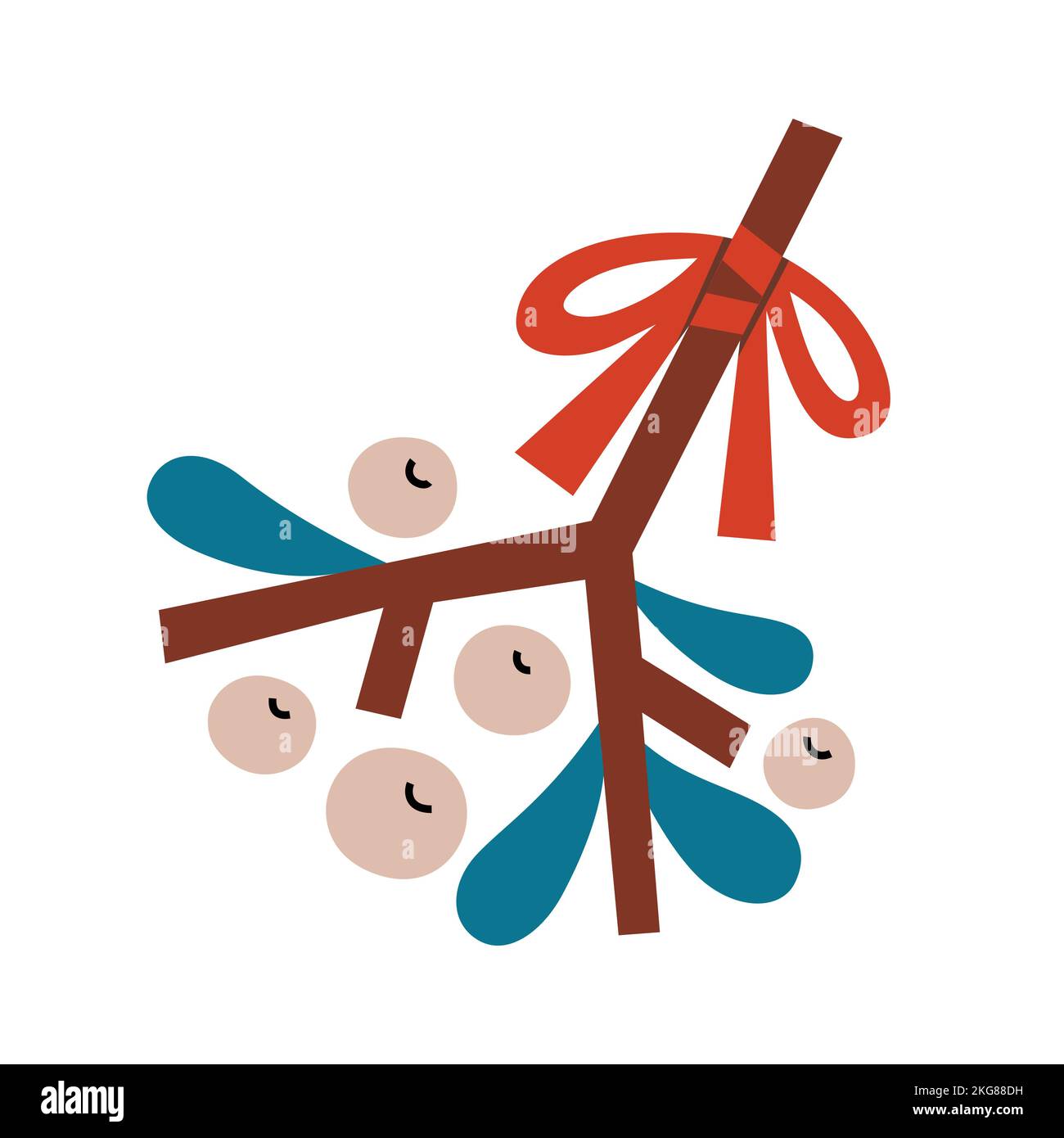 Weihnachtsmistel mit Beeren und rotem Band, einfache abstrakte Cliparts, isolierte Vektorgrafiken Stock Vektor