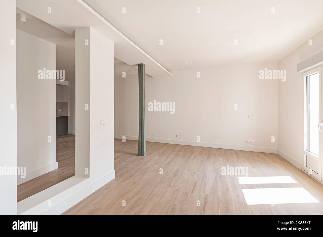 Leerer Raum mit großem, offenem Raum, alten Metallsäulen und minimalistischem Design mit glatten Oberflächen Stockfoto