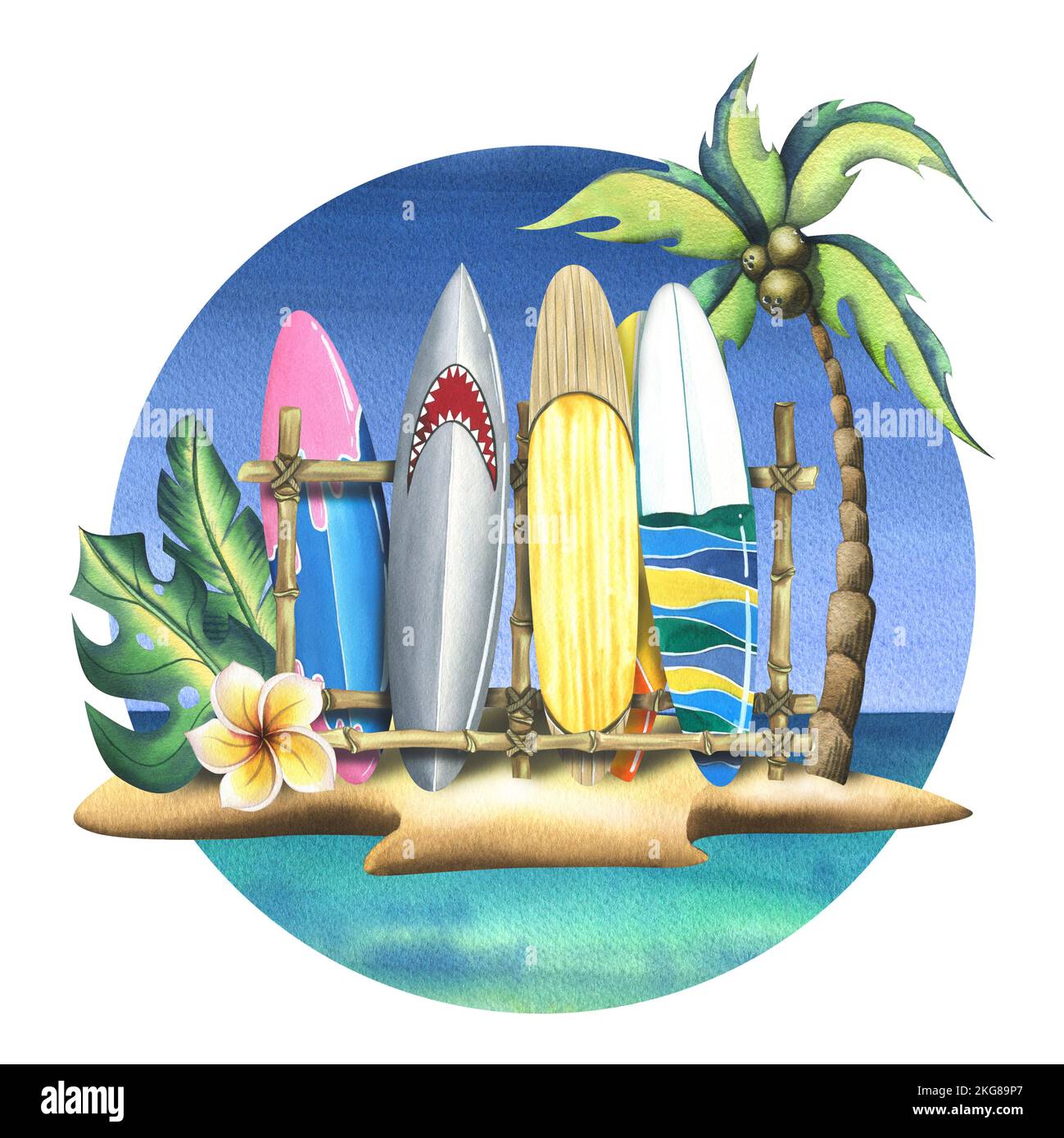 Eine tropische Insel mit einer Kokospalme, Plumeria-Blütenblättern und Surfbrettern auf einem Stand. Aquarelle Illustration im Cartoon-Stil. Komposition aus Stockfoto
