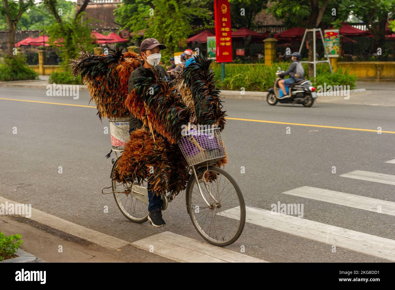 Ein Federbürstenverkäufer fährt sein Fahrrad in Hanoi, Vietnam Stockfoto