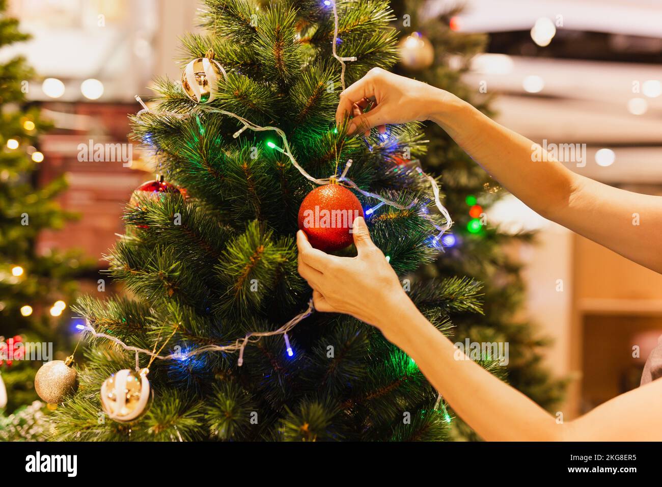 Die Hand einer Frau hängt einen Weihnachtsball an den Weihnachtsbaum. Stockfoto