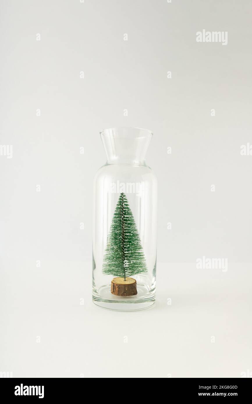 Weihnachtsbaum in Glaskanne auf weißem Hintergrund. Minimales Neujahrskonzept. Stockfoto
