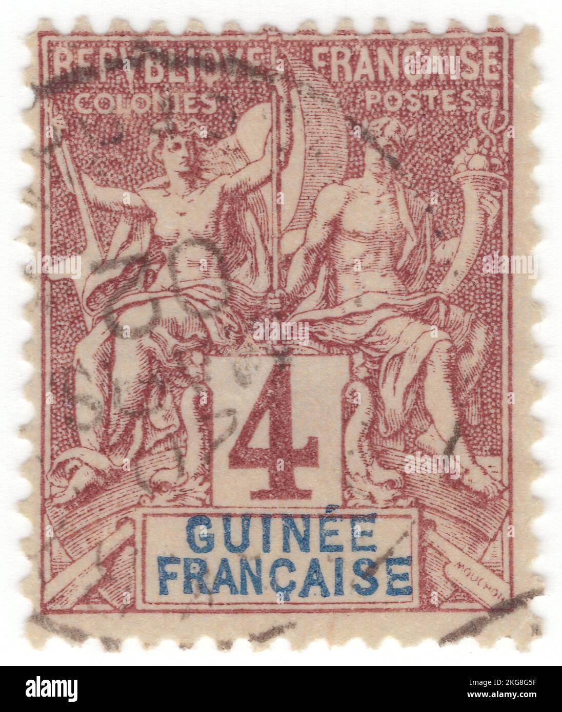 FRANZÖSISCH-GUINEA - 1892: Ein 4 Centimes-Klarinette auf Lavendel-Briefmarke, das ein Paar des alten Gottes und der Göttin als Allegorie für Navigation und Handel darstellt, mit der Aufschrift „GUINEE FRANCAISE“. Kolonie in Blau. Die Allegorie „Navigation und Handel“ wurde von Louis-Eugene Mouchon entworfen. Die Ausgabe von Navigation and Commerce ist eine Serie von Schlüsselmarken, die für die Kolonialgebiete Frankreichs ausgegeben wurden. Französisch-Guinea war eine französische Kolonie an der Küste Westafrikas, zwischen Portugiesisch-Guinea und Sierra Leone. Capital – Conakry. Die Marken von Französisch-Guinea wurden durch die von Französisch-Westafrika ersetzt Stockfoto