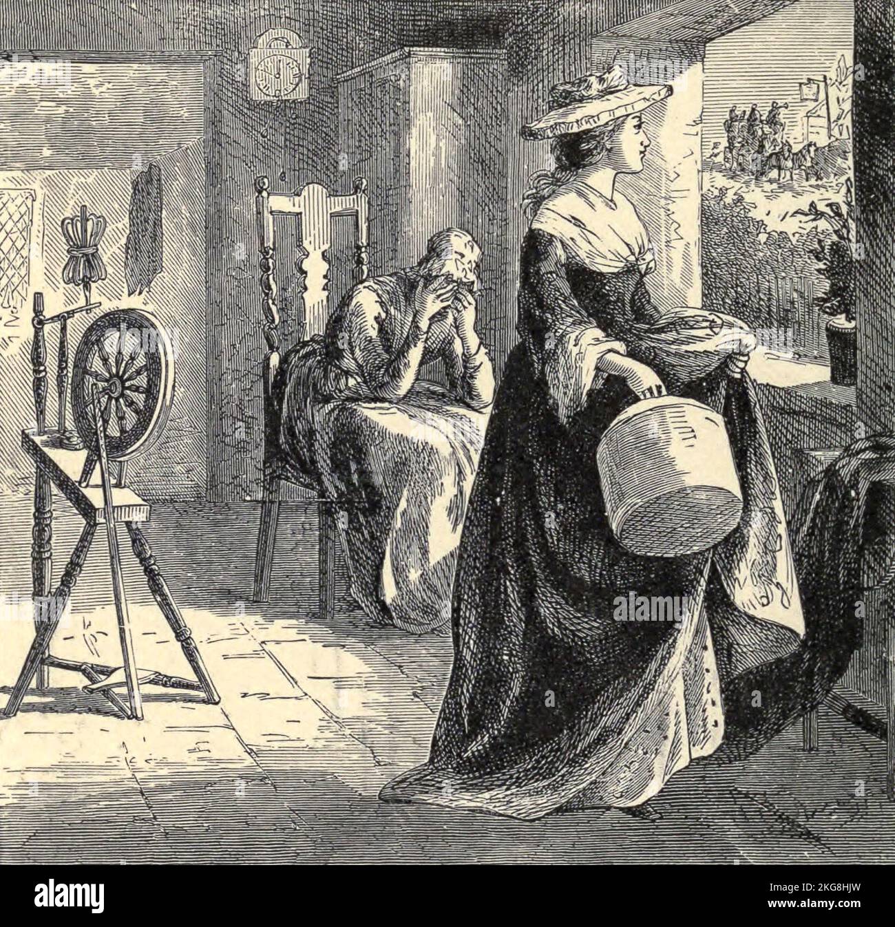 Wenn untätig zuerst, ehrgeizig der Stadt. Sie verließ ihr Rad und Roben aus Landbraun Illustration von Hammatt Billings aus dem Gedicht The Deserted Village von Oliver Goldsmith, das 1882 veröffentlicht wurde. The Deserted Village ist ein Gedicht von Oliver Goldsmith, das 1770 veröffentlicht wurde. Es ist ein Werk sozialer Kommentare und verurteilt die Entvölkerung des ländlichen Raums und das Streben nach übermäßigem Wohlstand. Oliver Goldsmith (10. November 1728 – 4. April 1774) war ein anglo-irischer Schriftsteller, Dramatiker, Dramatiker und Dichter, der vor allem für seinen Roman der Vikar von Wakefield (1766), sein Pastoralgedicht The Deserted Village (1770) und seine Pl Stockfoto