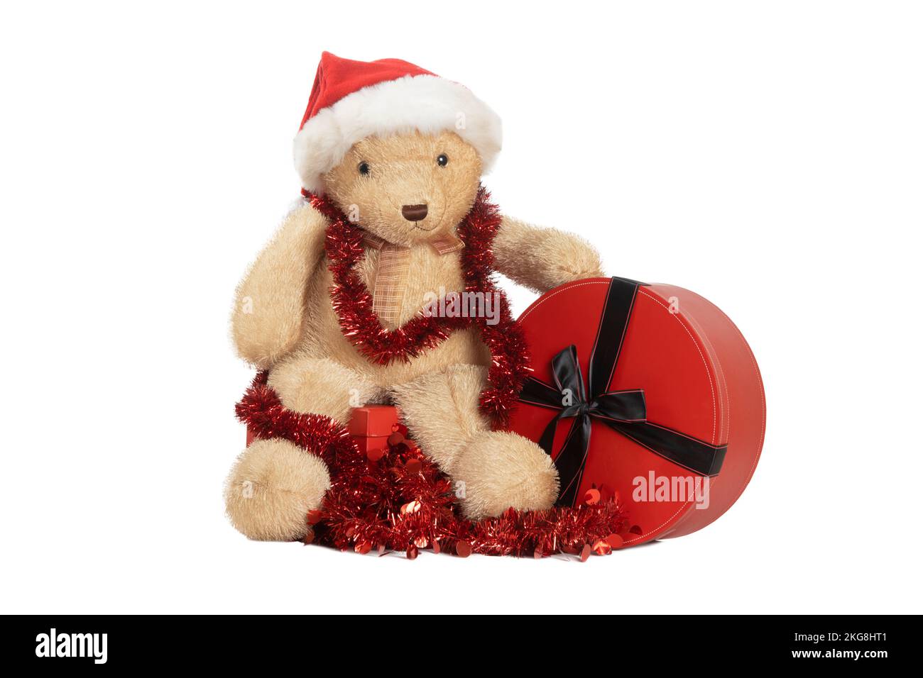 teddybär steht neben einem Geschenkpaket isoliert auf weißem Hintergrund Stockfoto