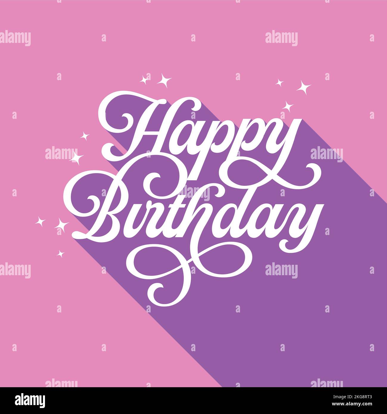 Ein Vektorbild eines Happy Birthday, umgeben von funkelnden Sternen auf lila und rosa Hintergrund. Vorlagen für Hintergründe und Grußkarten Stock Vektor