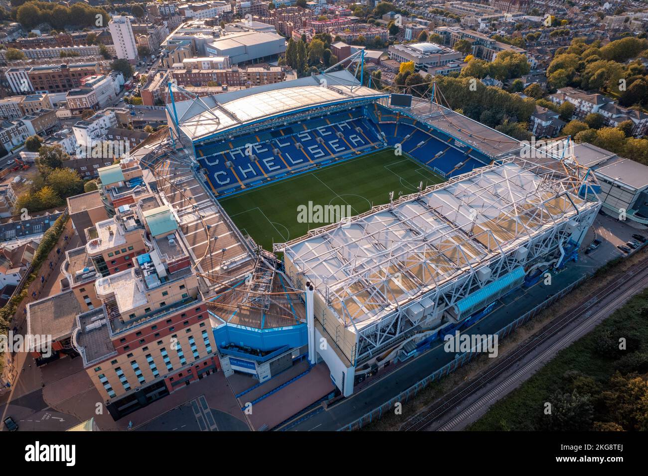 Stamford Bridge Stadium Heimstadion des Chelsea Football Club ein Blick aus der Vogelperspektive auf das Heimstadion der Londoner Fußballmannschaft im Zentrum von London Stockfoto