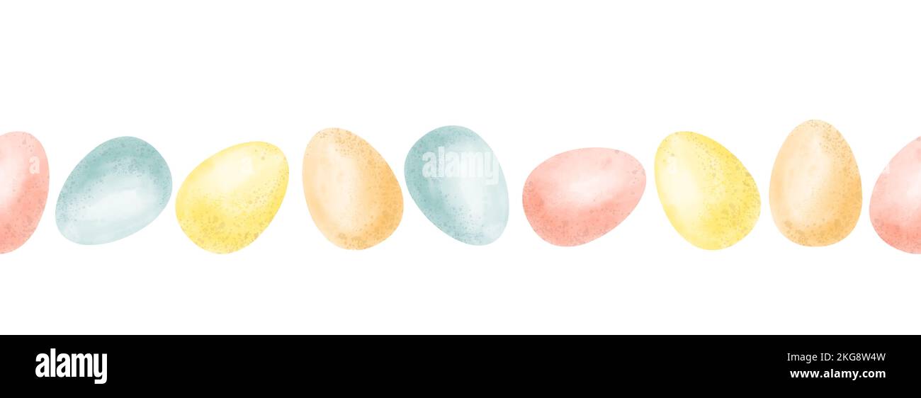 Nahtloser Egg-Rand für Frohe Ostern. Aquarellrahmen für Banner. Handgemalte Illustration auf weißem isoliertem Hintergrund Stockfoto