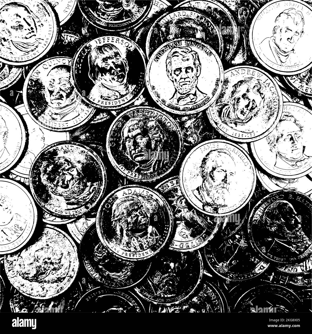US-Münzen mit Porträts ehemaliger Präsidenten. Collage schwarz-weiß Hintergrund. Stock Vektor