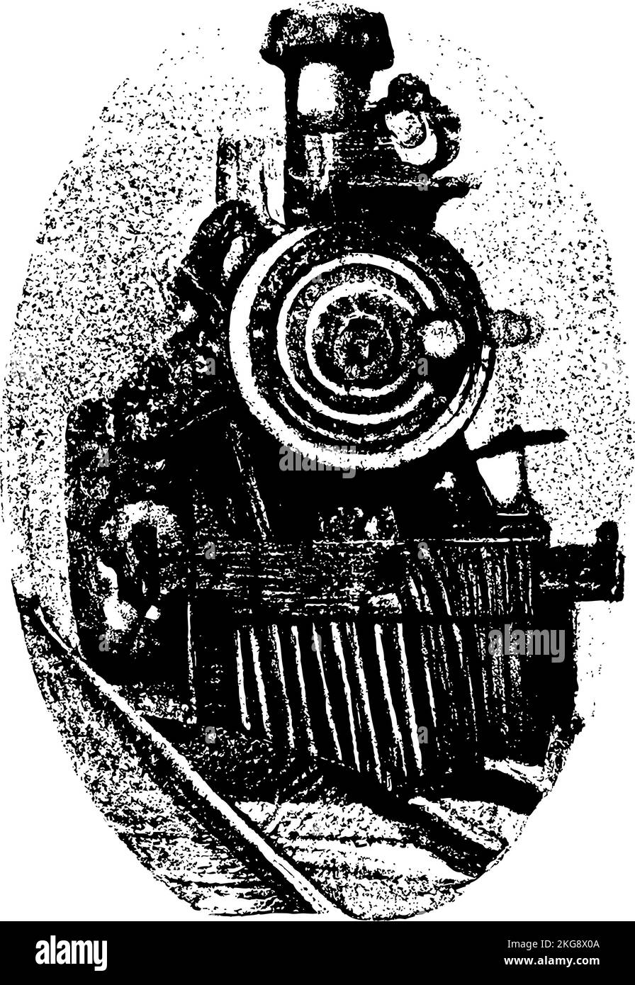 Vorderansicht einer Dampflokomotive 1800s Transportdarstellung. Fantasie imaginäre Zeichnung. Stock Vektor
