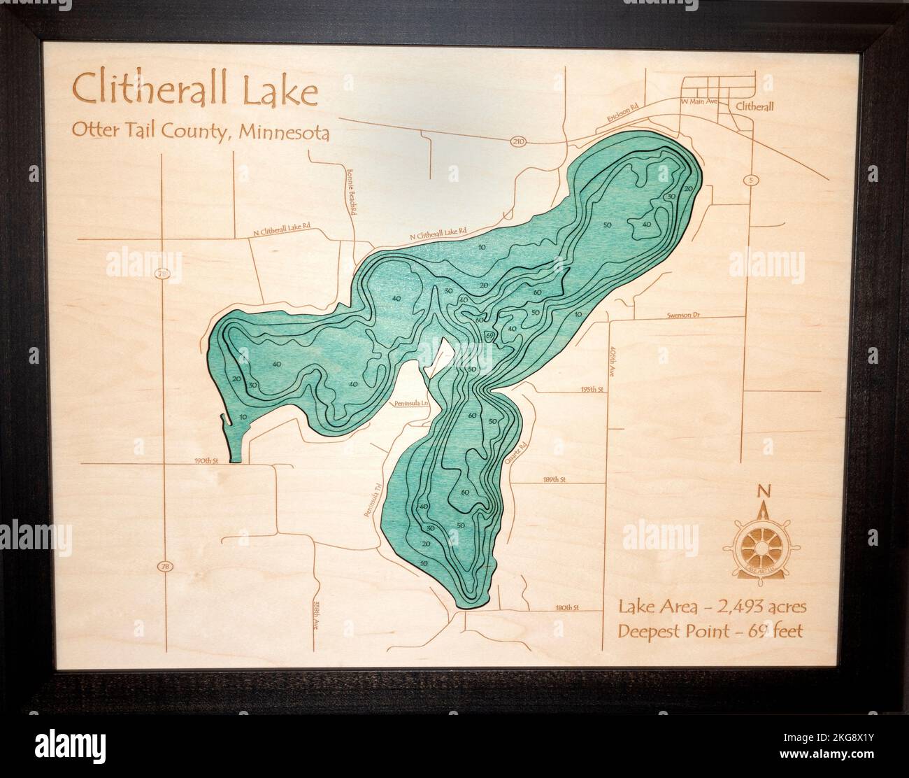 Grafische Darstellung der Tiefenkarte des Lake Clitherall. St. Paul Minnesota, USA Stockfoto