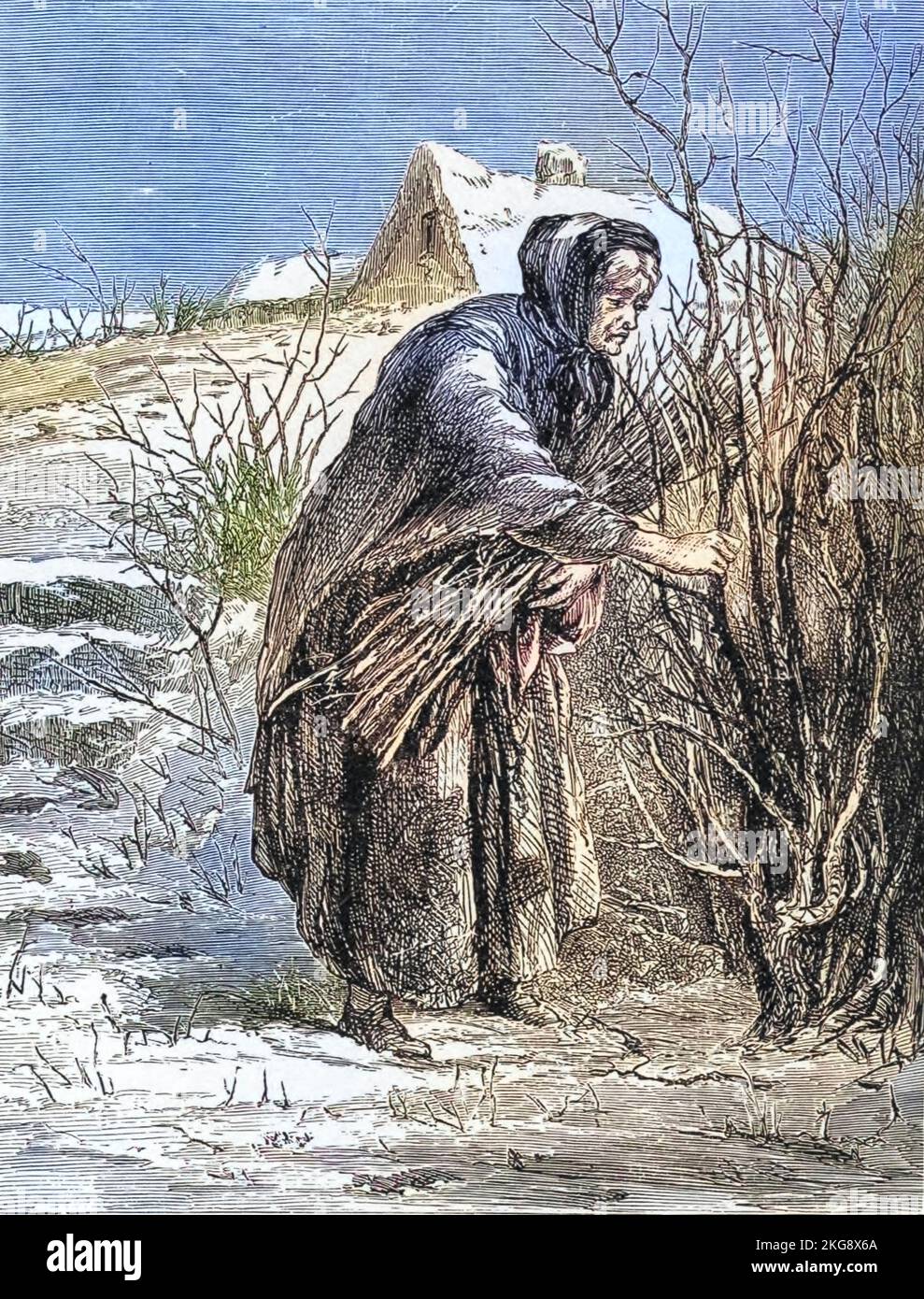 Um ihre winterliche Fagot aus dem Dorn zu pflücken Illustration von Hammatt Billings aus dem Gedicht The Deserted Village von Oliver Goldsmith, das 1882 veröffentlicht wurde. The Deserted Village ist ein Gedicht von Oliver Goldsmith, das 1770 veröffentlicht wurde. Es ist ein Werk sozialer Kommentare und verurteilt die Entvölkerung des ländlichen Raums und das Streben nach übermäßigem Wohlstand. Oliver Goldsmith (10. November 1728 – 4. April 1774) war ein anglo-irischer Schriftsteller, Dramatiker, Dramatiker und Dichter, der vor allem für seinen Roman der Vikar von Wakefield (1766), sein Pastoralgedicht The Deserted Village (1770) und seine Theaterstücke The Good-Natur'd man (1768) bekannt ist Stockfoto