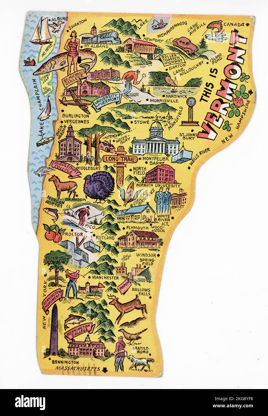 Diese Postkarte in Form eines Vermont-Staates stammt aus dem Jahr 1948 Stockfoto