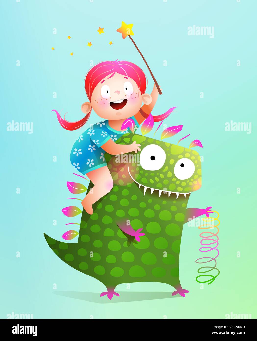 Lustige grüne Monster oder Toothy Kreatur und Mädchen Stock Vektor