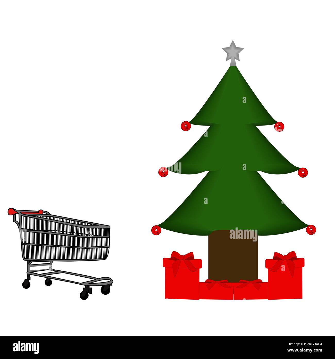Weihnachtsbaum mit Dekorationen, Superwagen und Weihnachtsgeschenken Stockfoto