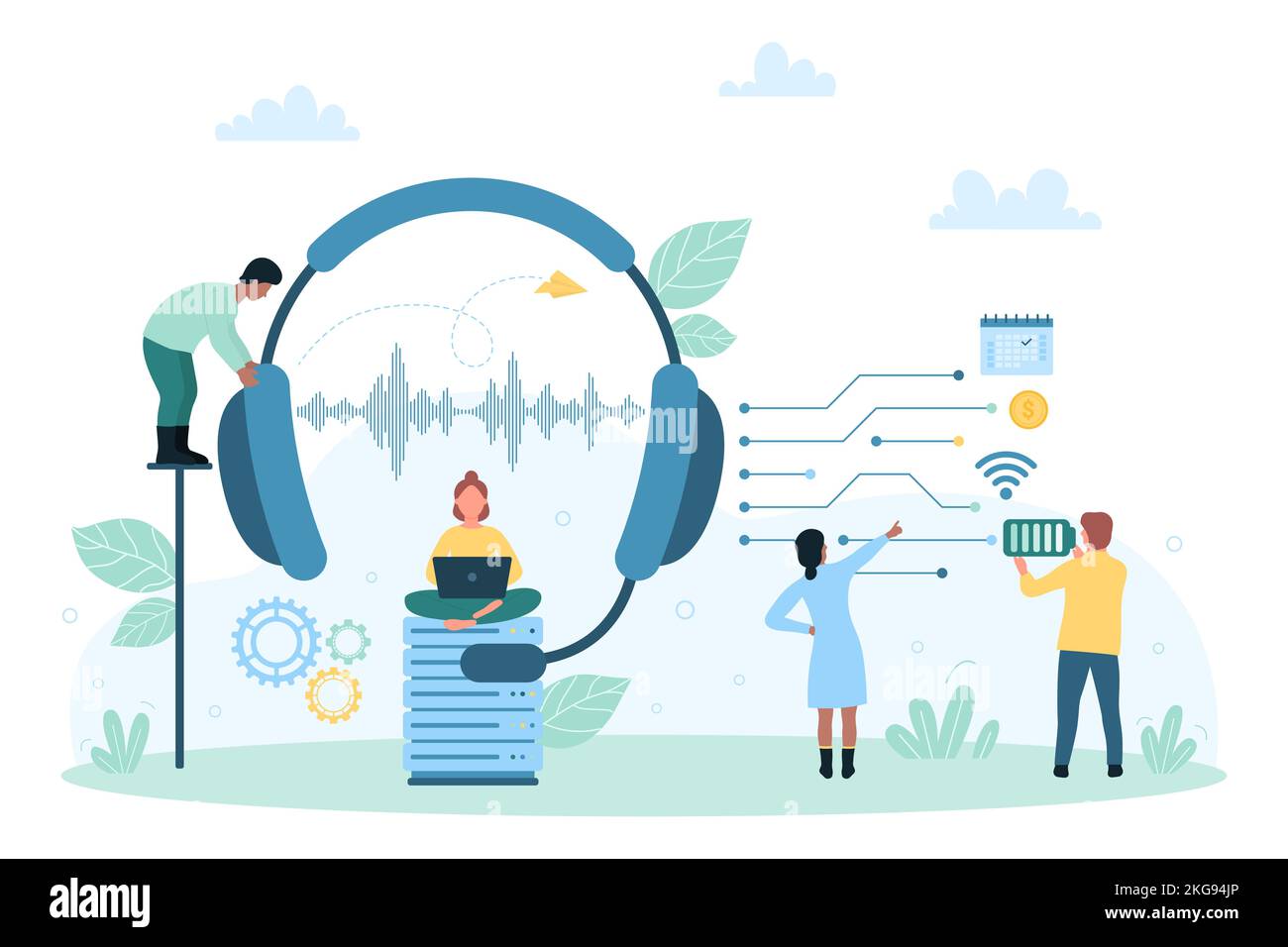 Kunden unterstützen Service-Vektor-Illustration. Cartoon winziges Team von Callcenter-Betreibern, die große Kopfhörer mit Mikrofon halten und mit Kunden sprechen, Online-Arbeit von technischen Assistenten Stock Vektor